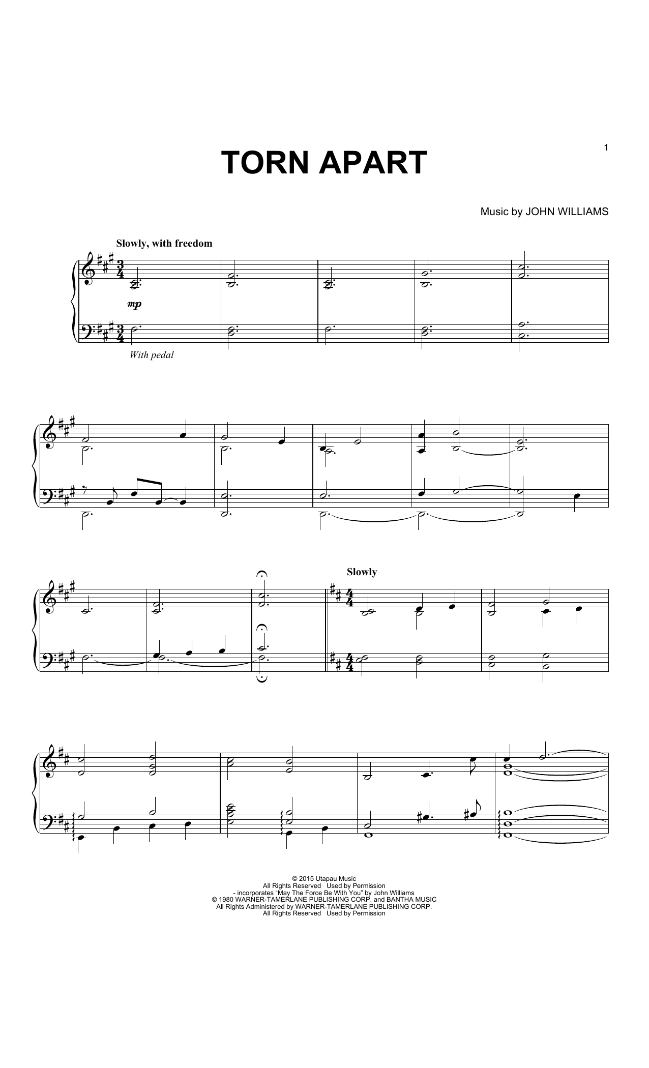 John Williams Torn Apart sheet music notes and chords arranged for Easy Piano