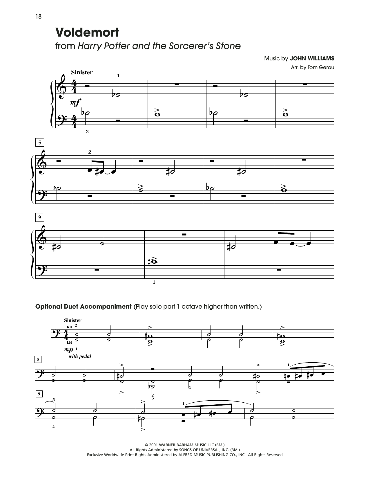 John Williams Voldemort (from Harry Potter) (arr. Tom Gerou) sheet music notes and chords arranged for 5-Finger Piano
