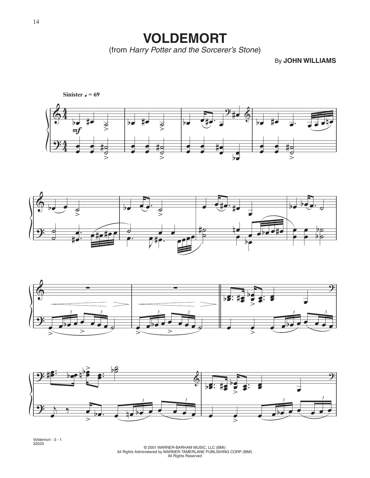 John Williams Voldemort (from Harry Potter) sheet music notes and chords arranged for Piano Solo