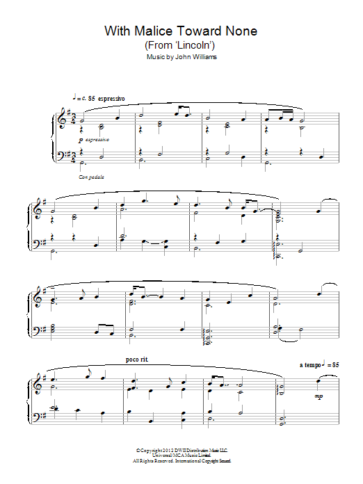 John Williams With Malice Toward None (From 'Lincoln') sheet music notes and chords arranged for Piano Solo