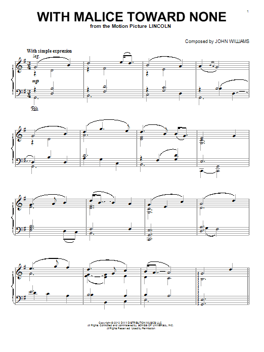John Williams With Malice Toward None sheet music notes and chords arranged for Piano Solo