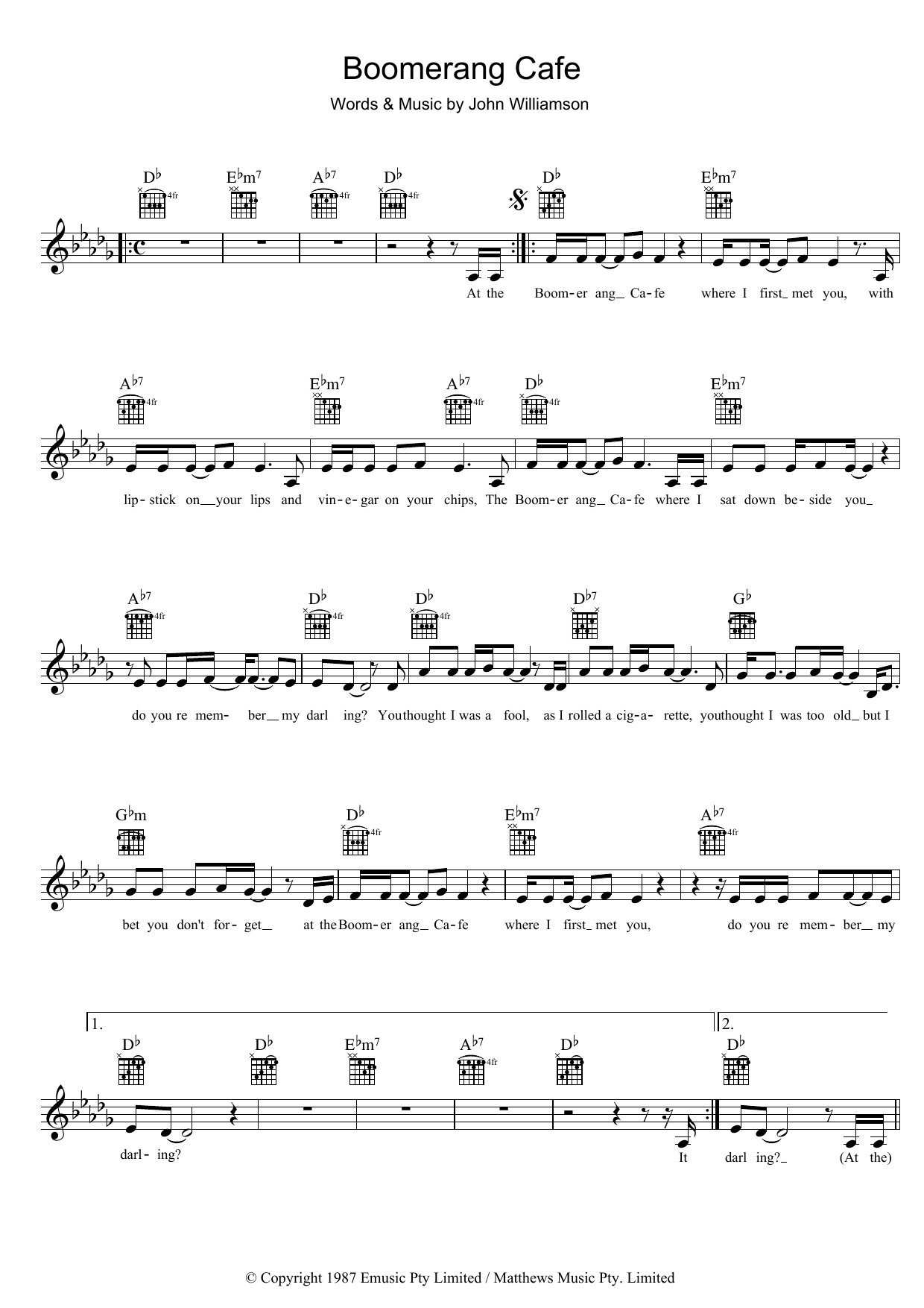 John Williamson Boomerang Cafe sheet music notes and chords arranged for Lead Sheet / Fake Book