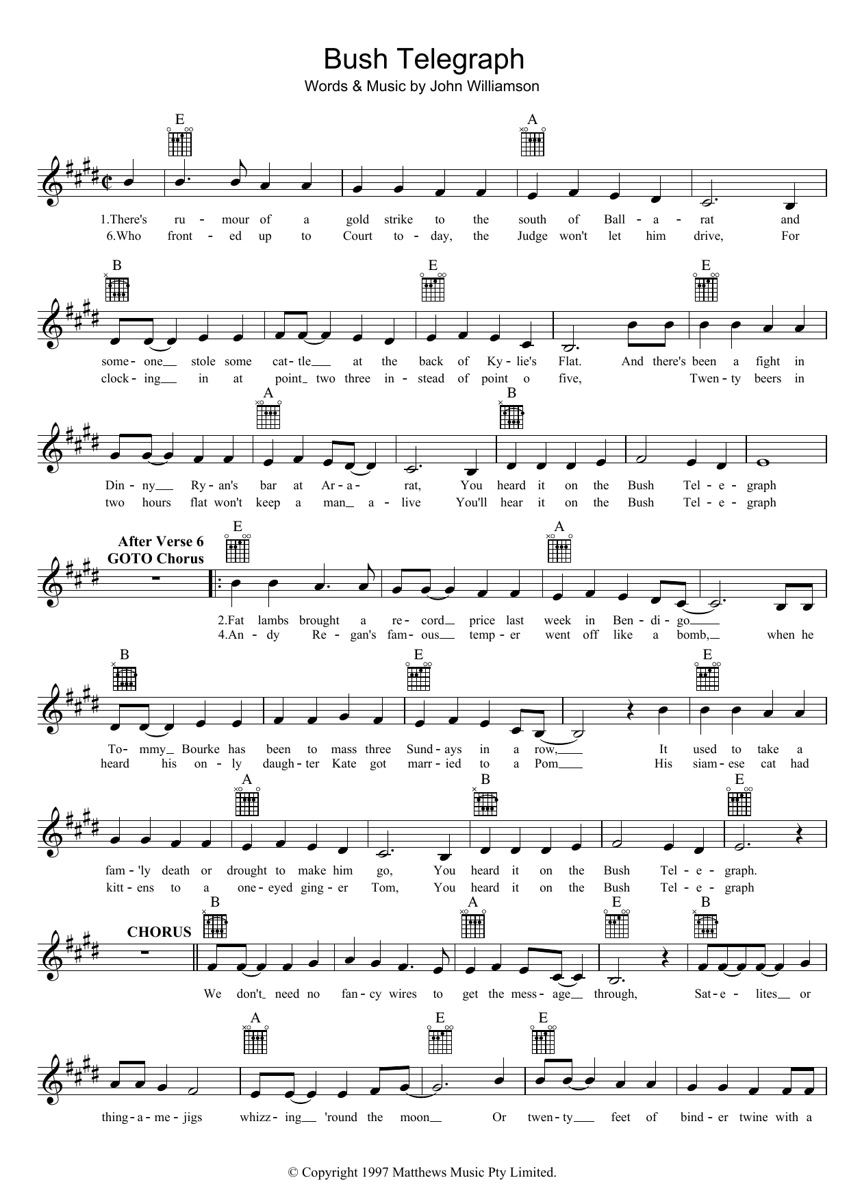 John Williamson Bush Telegraph sheet music notes and chords arranged for Lead Sheet / Fake Book