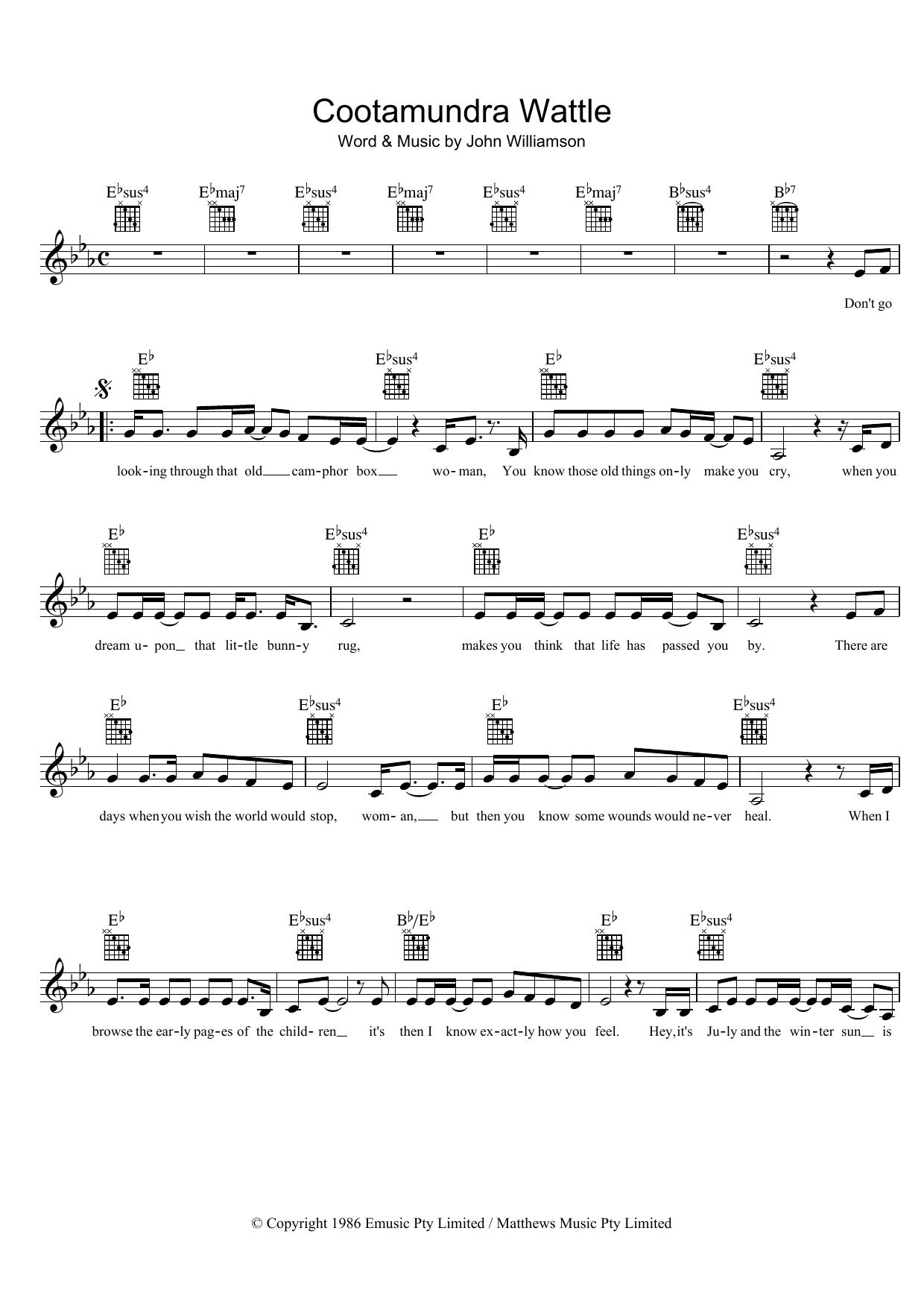 John Williamson Cootamundra Wattle sheet music notes and chords arranged for Lead Sheet / Fake Book