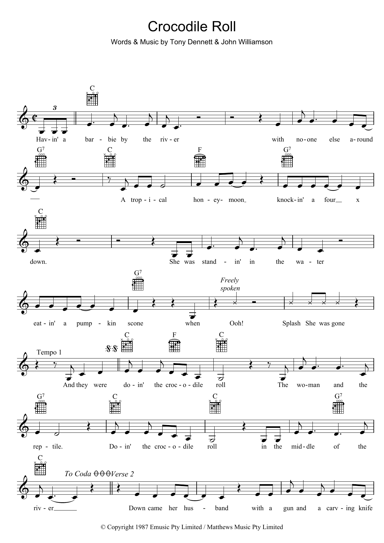 John Williamson Crocodile Roll sheet music notes and chords arranged for Lead Sheet / Fake Book