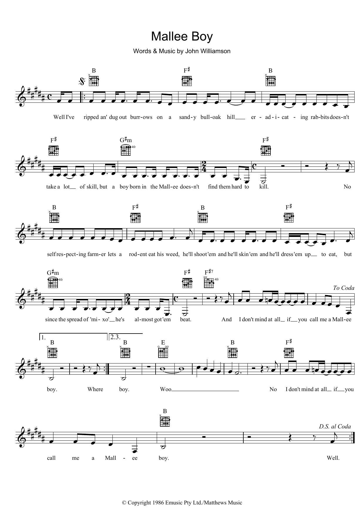 John Williamson Mallee Boy sheet music notes and chords arranged for Lead Sheet / Fake Book