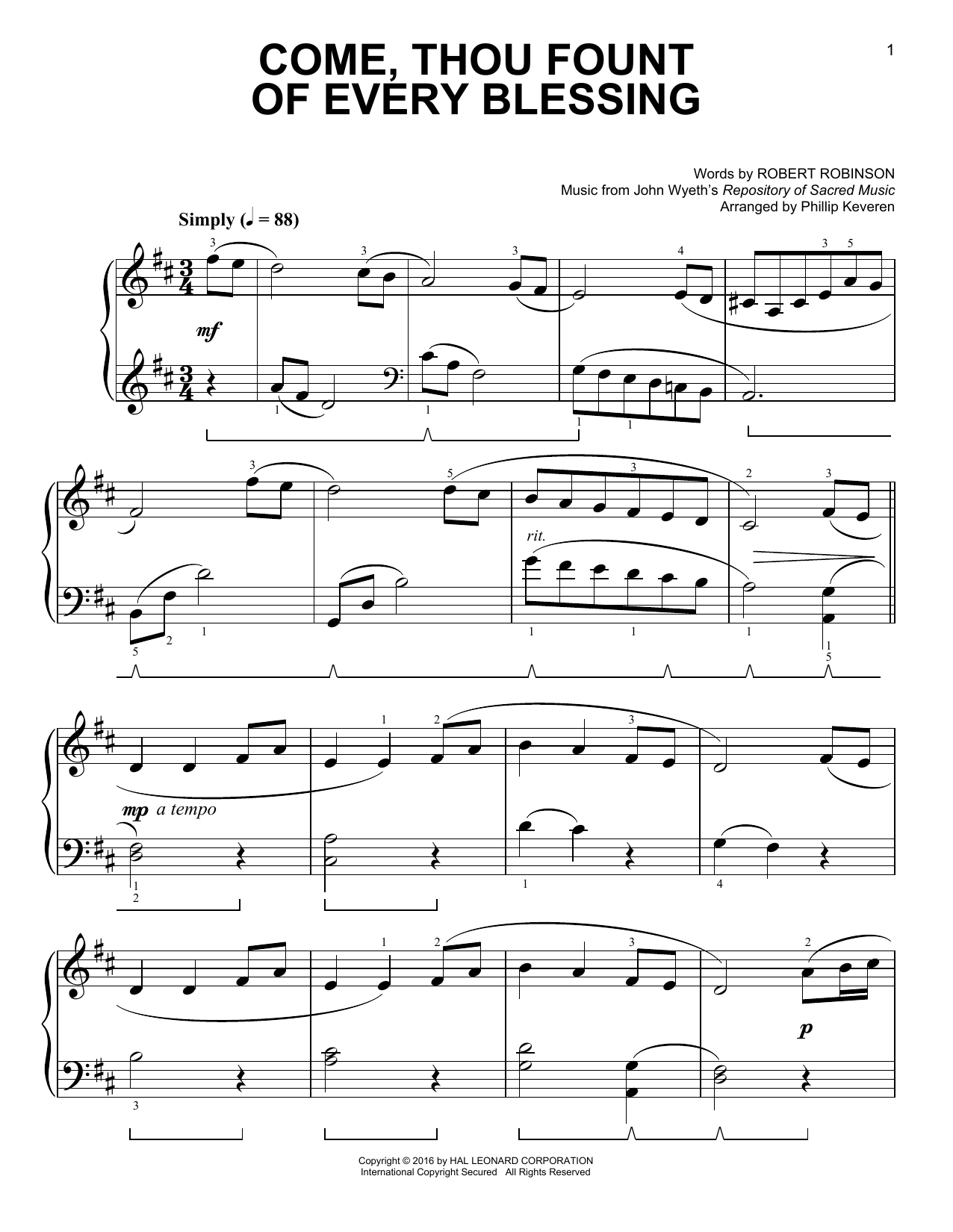 John Wyeth Come, Thou Fount Of Every Blessing [Classical version] (arr. Phillip Keveren) sheet music notes and chords arranged for Easy Piano