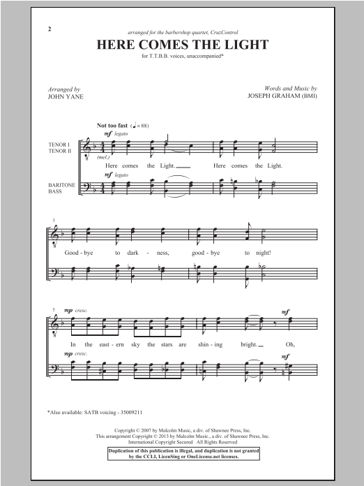 John Yane Here Comes The Light sheet music notes and chords arranged for TTBB Choir