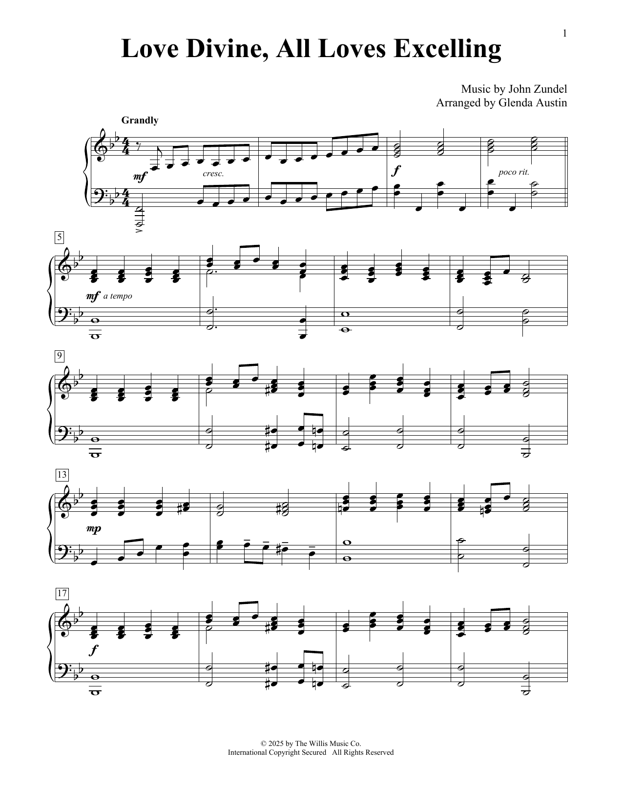 John Zundel Love Divine, All Loves Excelling (arr. Glenda Austin) sheet music notes and chords arranged for Educational Piano