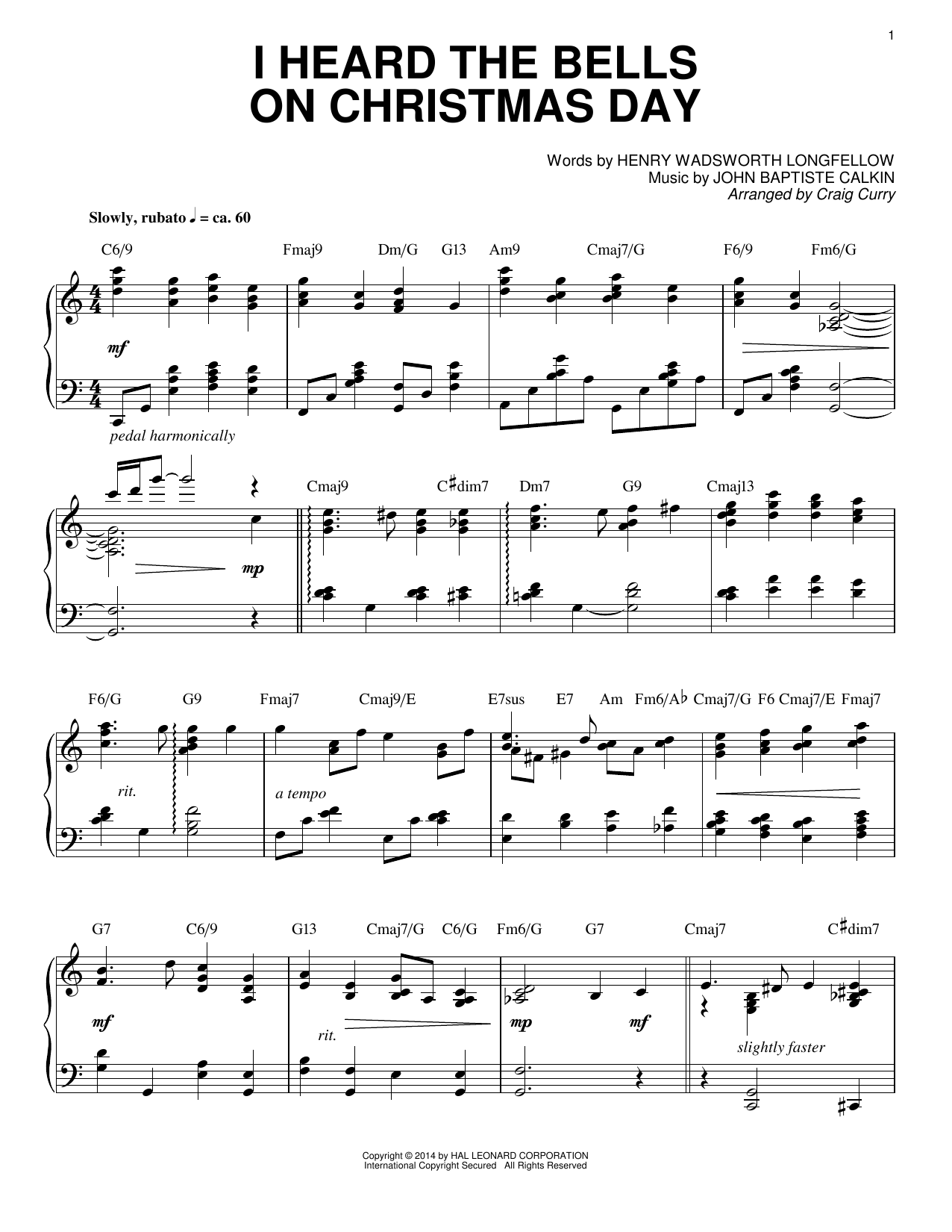John Baptiste Calkin I Heard The Bells On Christmas Day (arr. Craig Curry) sheet music notes and chords arranged for Piano Solo