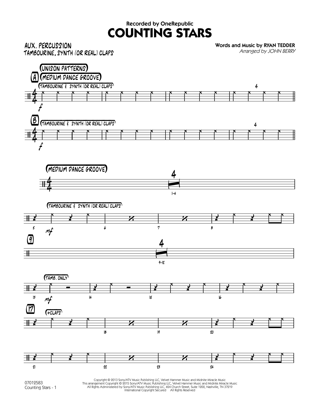 John Berry Counting Stars - Aux Percussion sheet music notes and chords. Download Printable PDF.