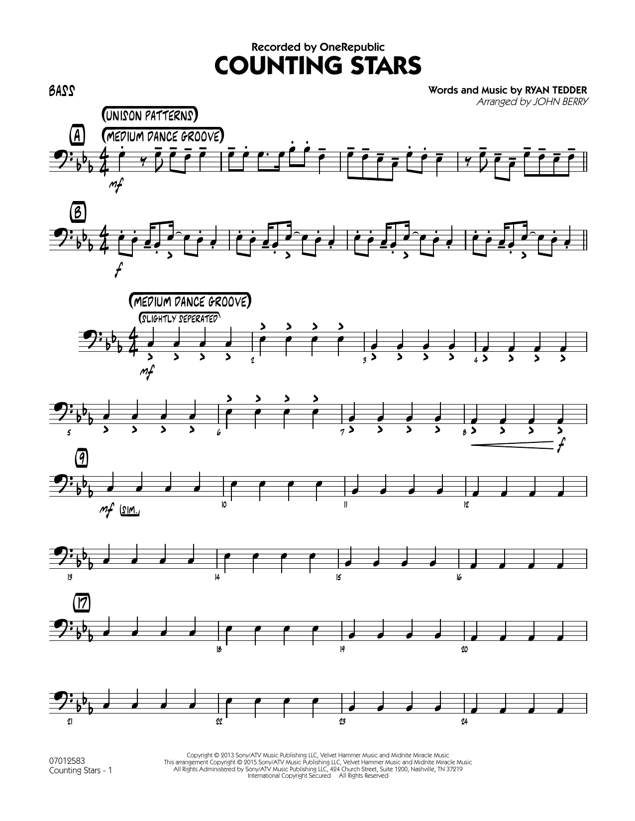 John Berry Counting Stars - Bass sheet music notes and chords. Download Printable PDF.