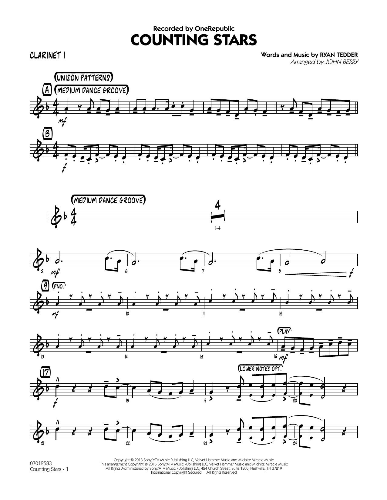 John Berry Counting Stars - Bb Clarinet 1 sheet music notes and chords. Download Printable PDF.