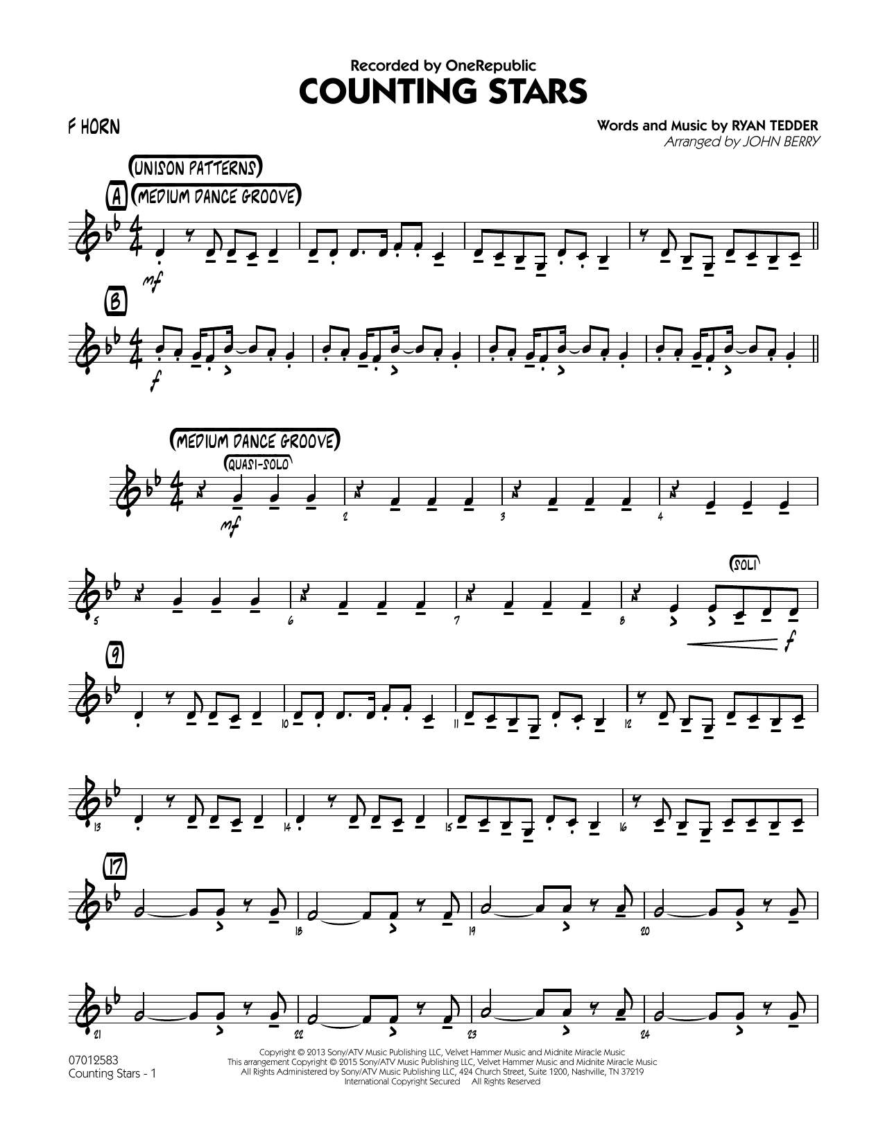 John Berry Counting Stars - F Horn sheet music notes and chords. Download Printable PDF.