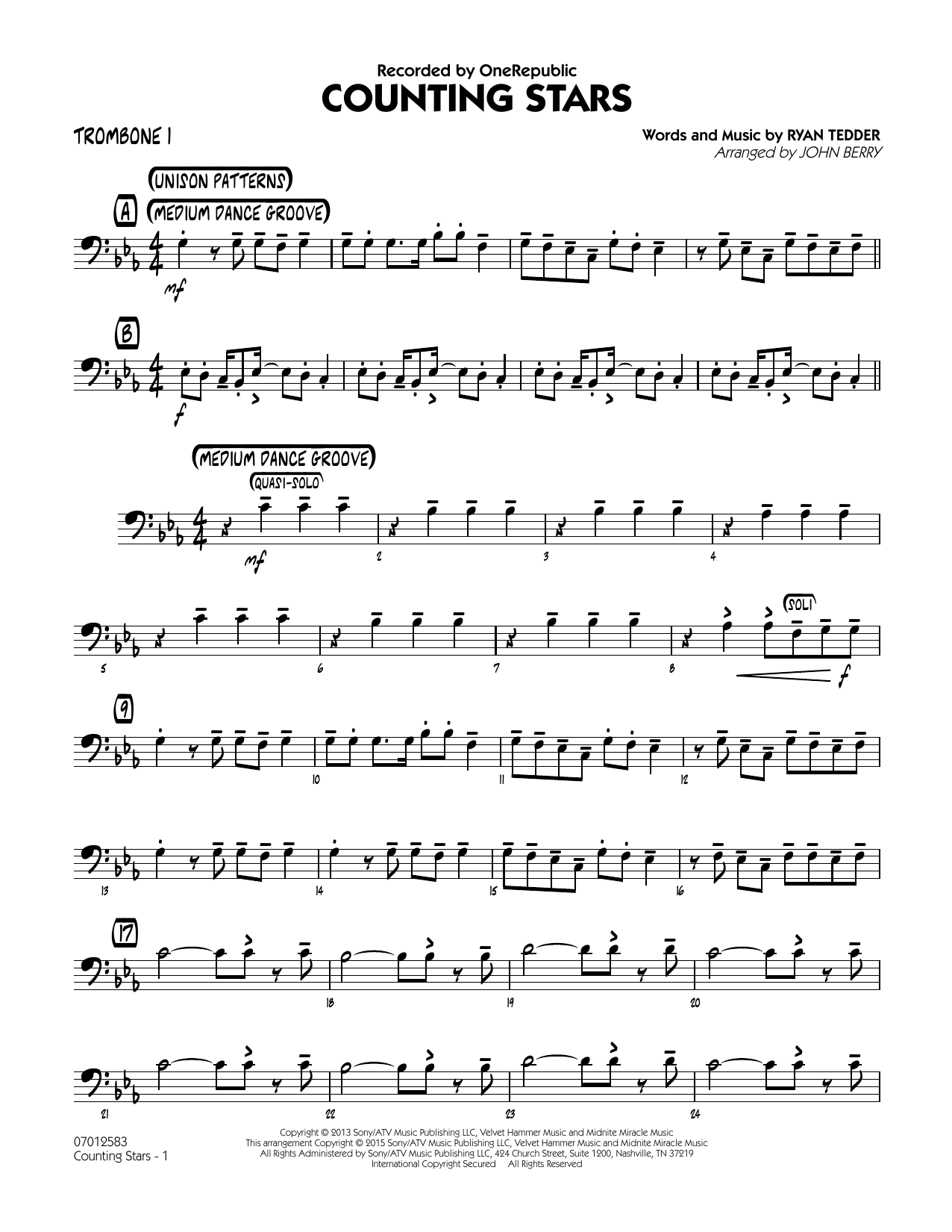 John Berry Counting Stars - Trombone 1 sheet music notes and chords. Download Printable PDF.