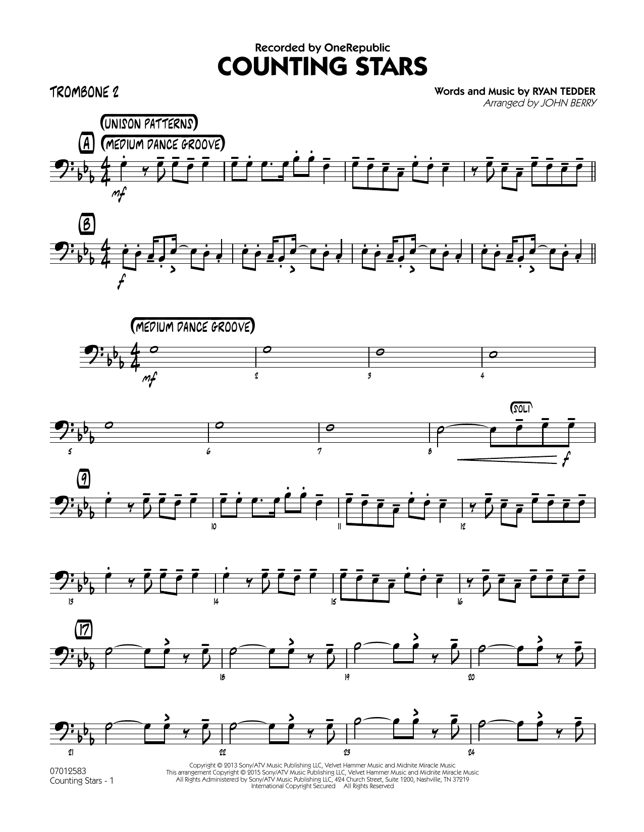 John Berry Counting Stars - Trombone 2 sheet music notes and chords. Download Printable PDF.