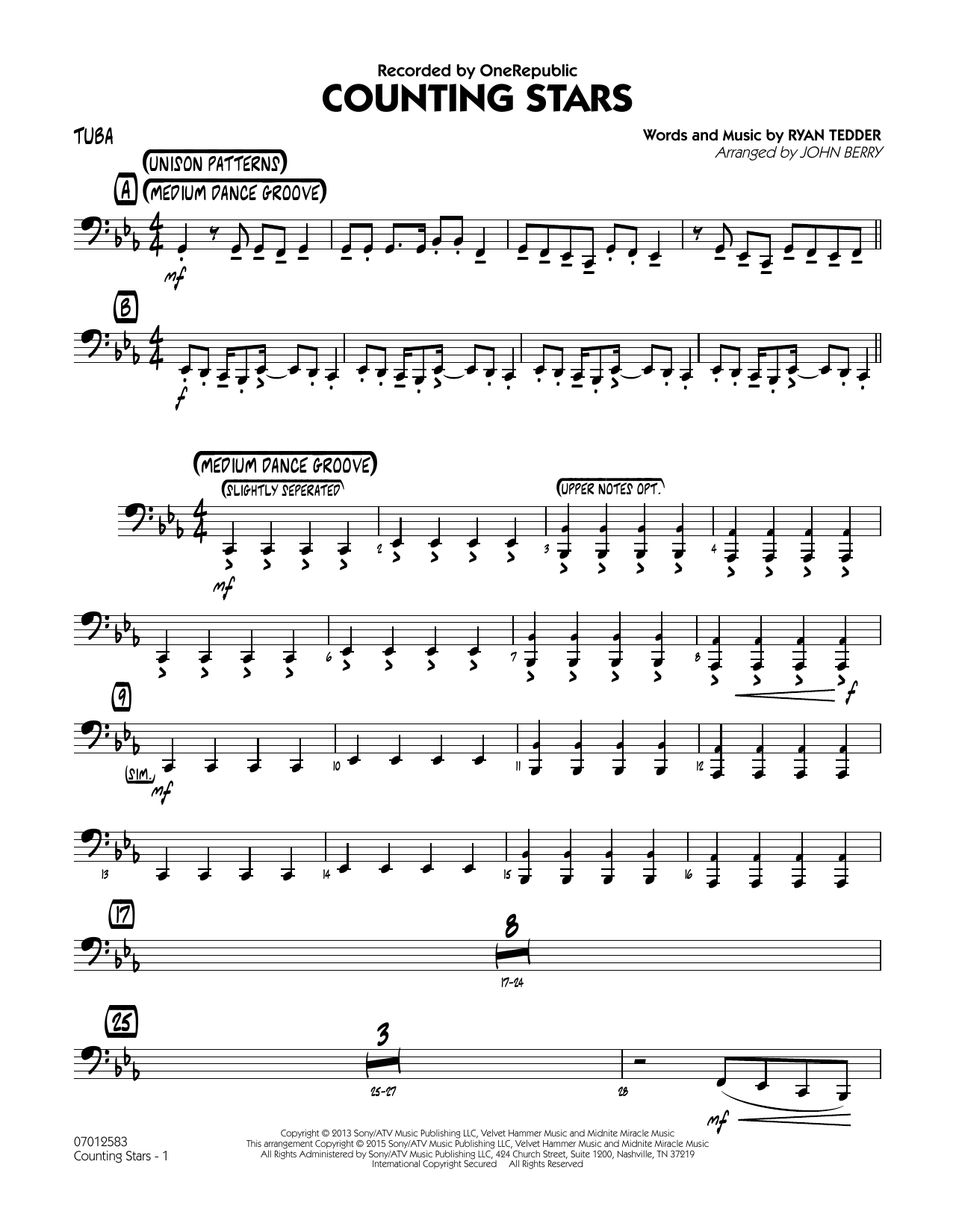 John Berry Counting Stars - Tuba sheet music notes and chords. Download Printable PDF.