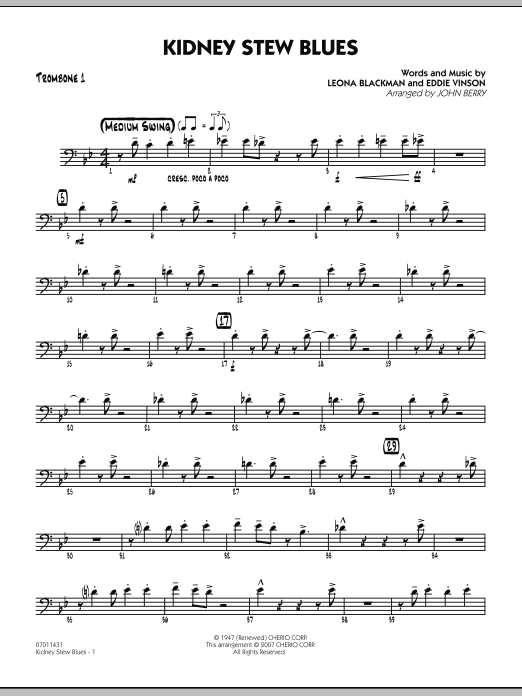 John Berry Kidney Stew Blues - Trombone 1 sheet music notes and chords. Download Printable PDF.