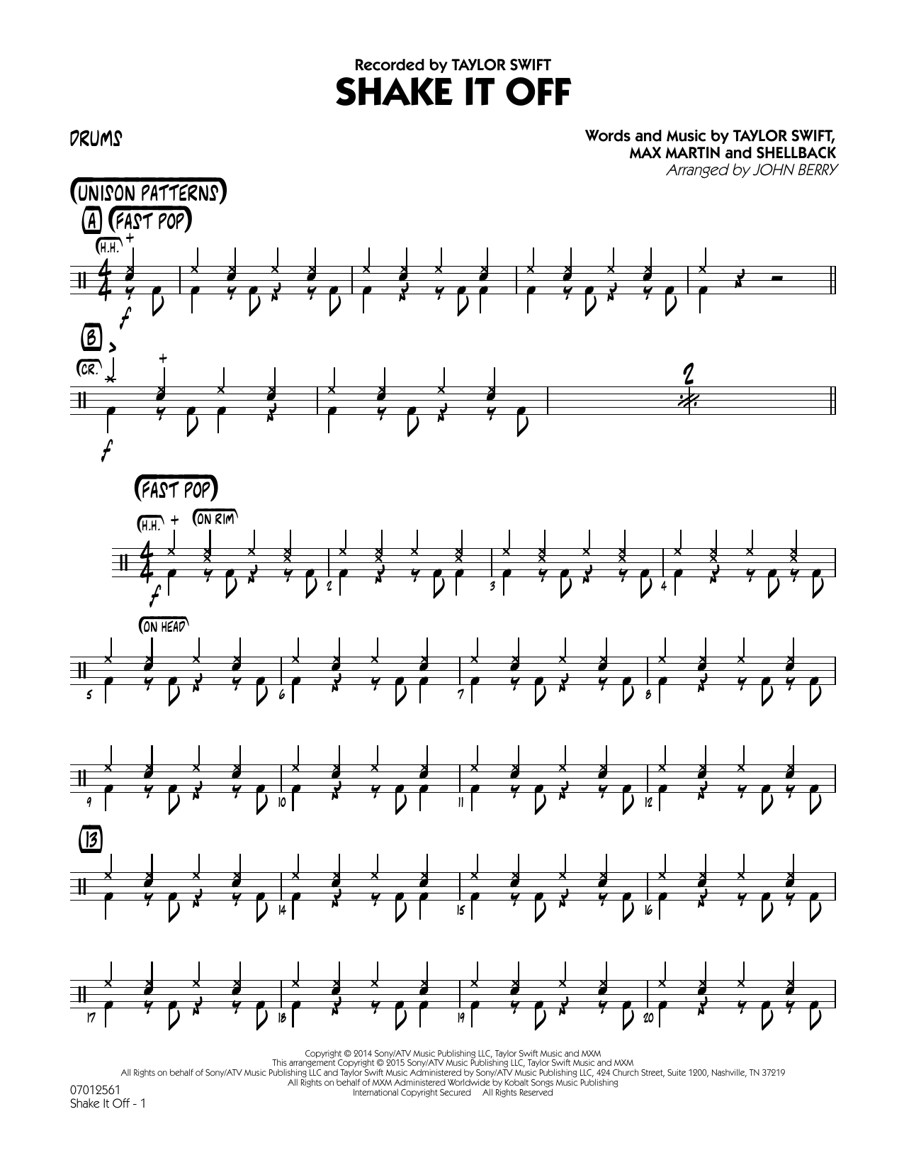 John Berry Shake It Off - Drums sheet music notes and chords. Download Printable PDF.