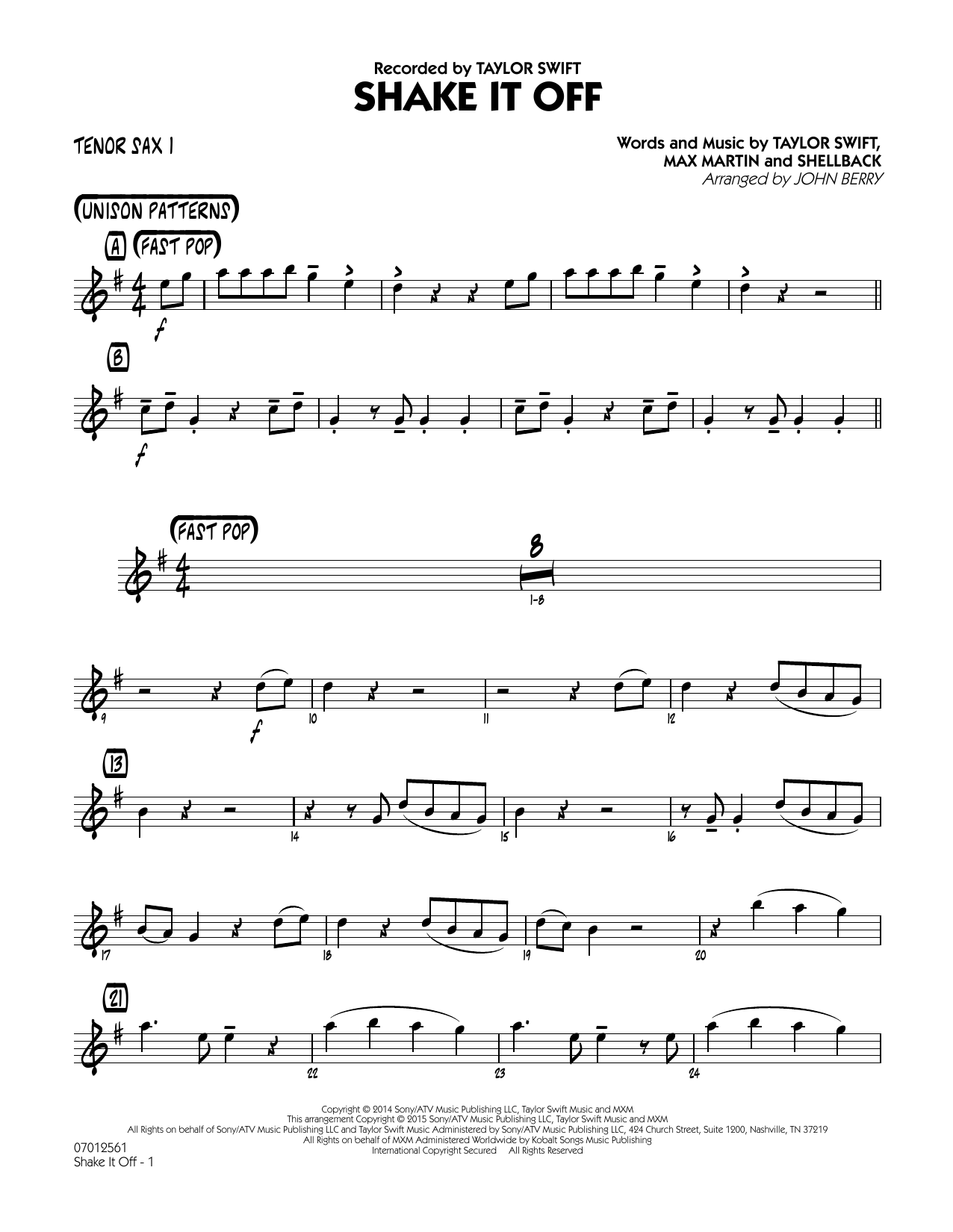 John Berry Shake It Off - Tenor Sax 1 sheet music notes and chords. Download Printable PDF.