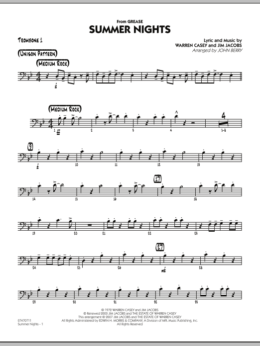 John Berry Summer Nights (from Grease) - Trombone 1 sheet music notes and chords. Download Printable PDF.
