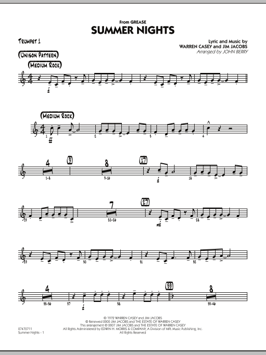 John Berry Summer Nights (from Grease) - Trumpet 1 sheet music notes and chords. Download Printable PDF.