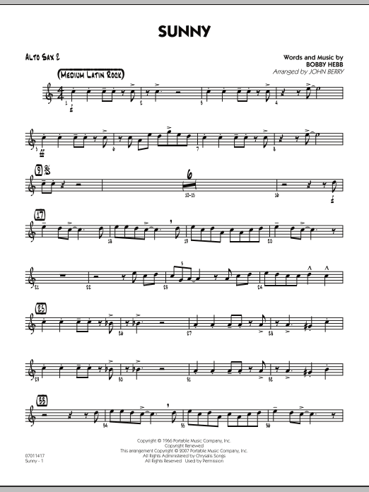 John Berry Sunny - Alto Sax 2 sheet music notes and chords. Download Printable PDF.
