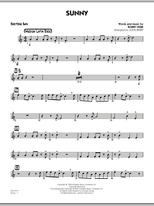 John Berry Sunny - Baritone Sax sheet music notes and chords. Download Printable PDF.