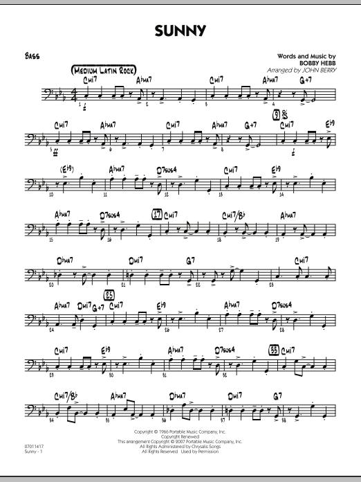 John Berry Sunny - Bass sheet music notes and chords. Download Printable PDF.