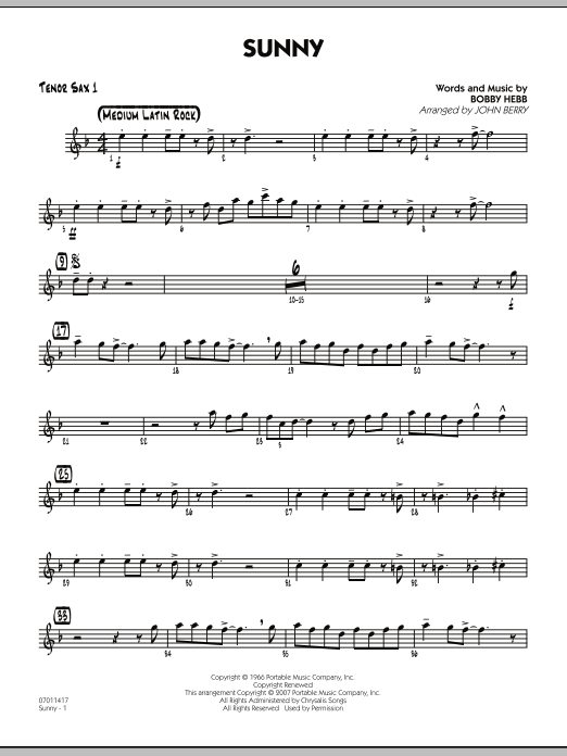 John Berry Sunny - Tenor Sax 1 sheet music notes and chords. Download Printable PDF.