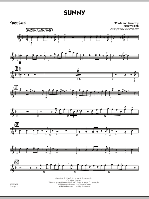 John Berry Sunny - Tenor Sax 2 sheet music notes and chords. Download Printable PDF.