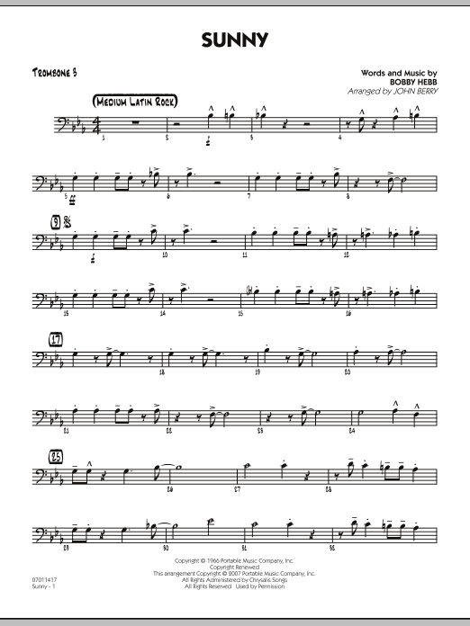 John Berry Sunny - Trombone 3 sheet music notes and chords. Download Printable PDF.