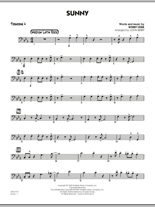 John Berry Sunny - Trombone 4 sheet music notes and chords. Download Printable PDF.