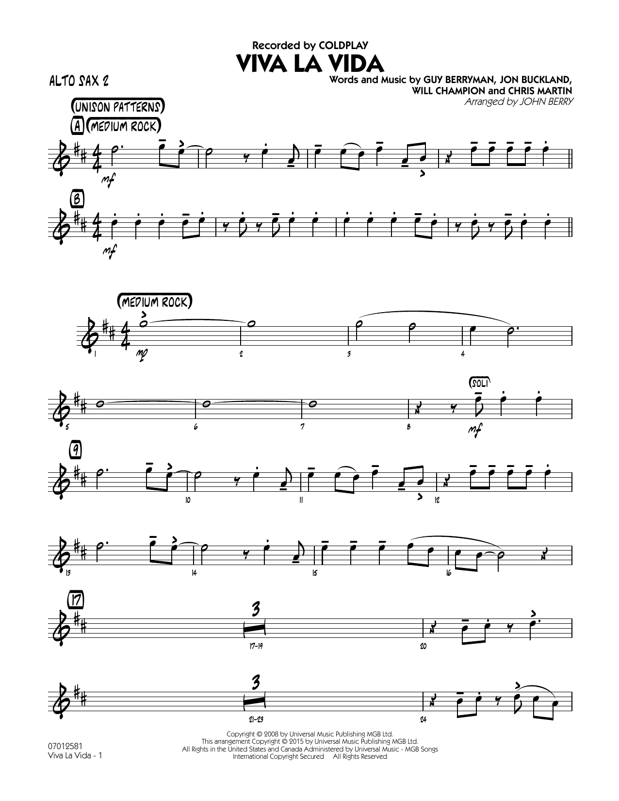 John Berry Viva La Vida - Alto Sax 2 sheet music notes and chords. Download Printable PDF.