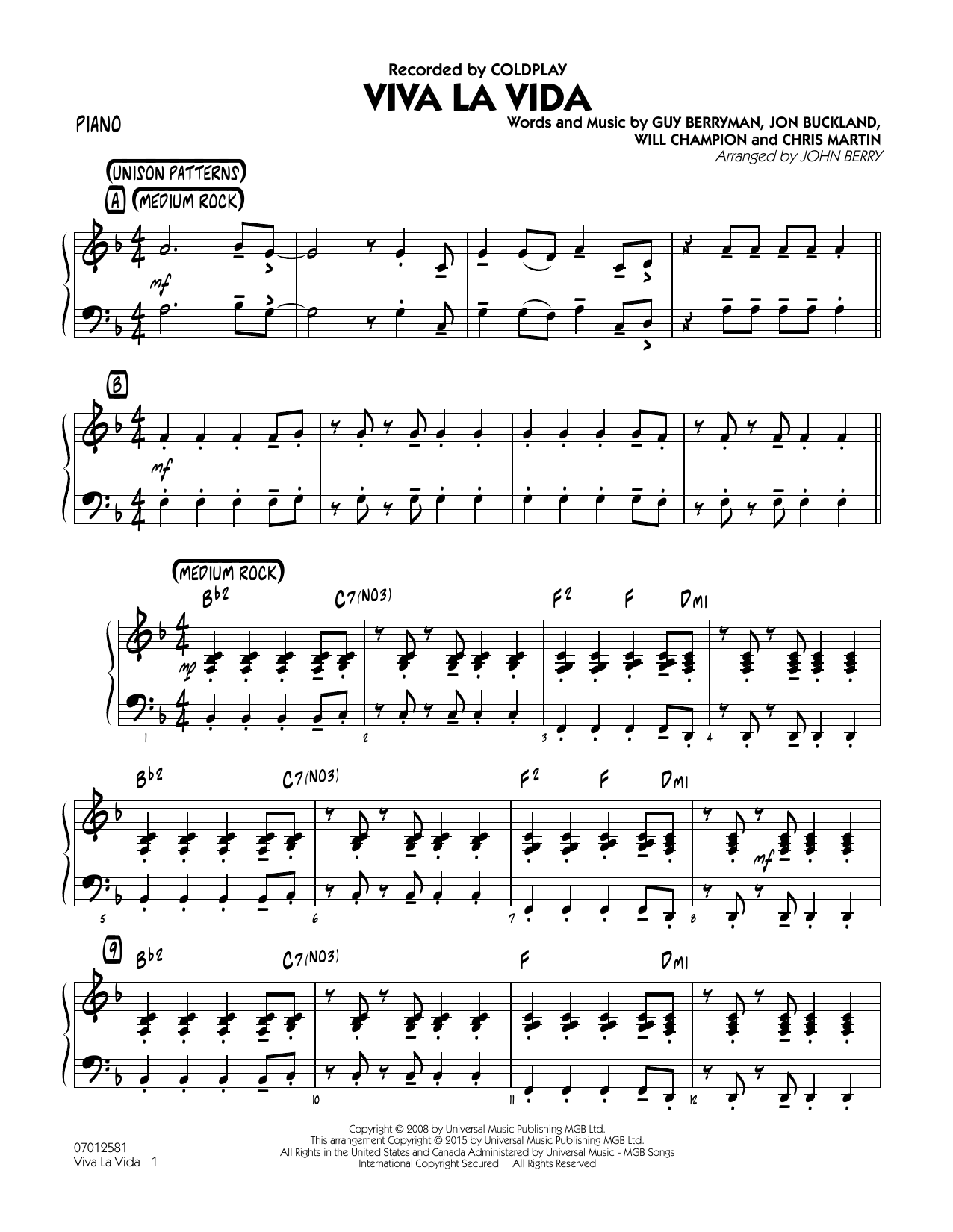 John Berry Viva La Vida - Bass sheet music notes and chords. Download Printable PDF.