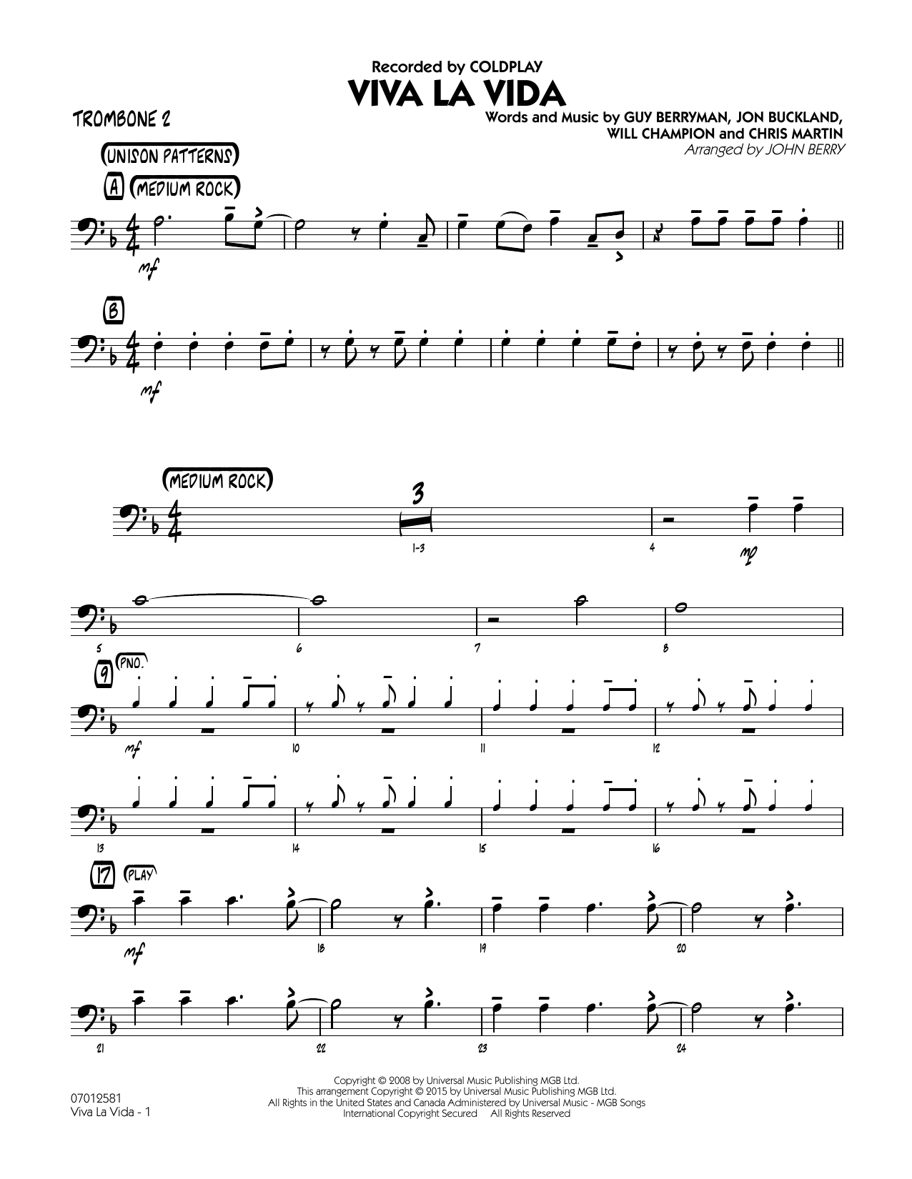 John Berry Viva La Vida - Trombone 2 sheet music notes and chords. Download Printable PDF.