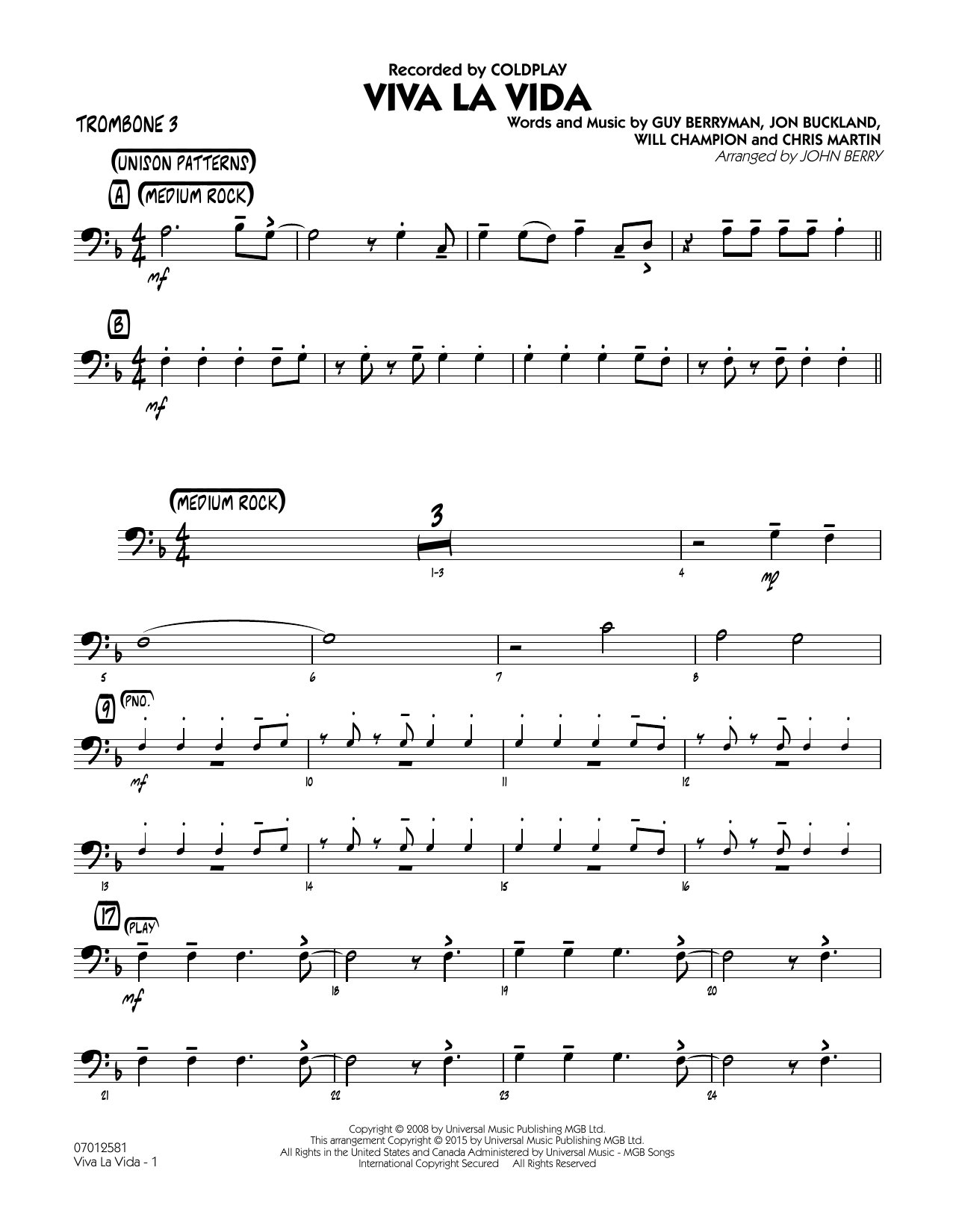 John Berry Viva La Vida - Trombone 3 sheet music notes and chords. Download Printable PDF.