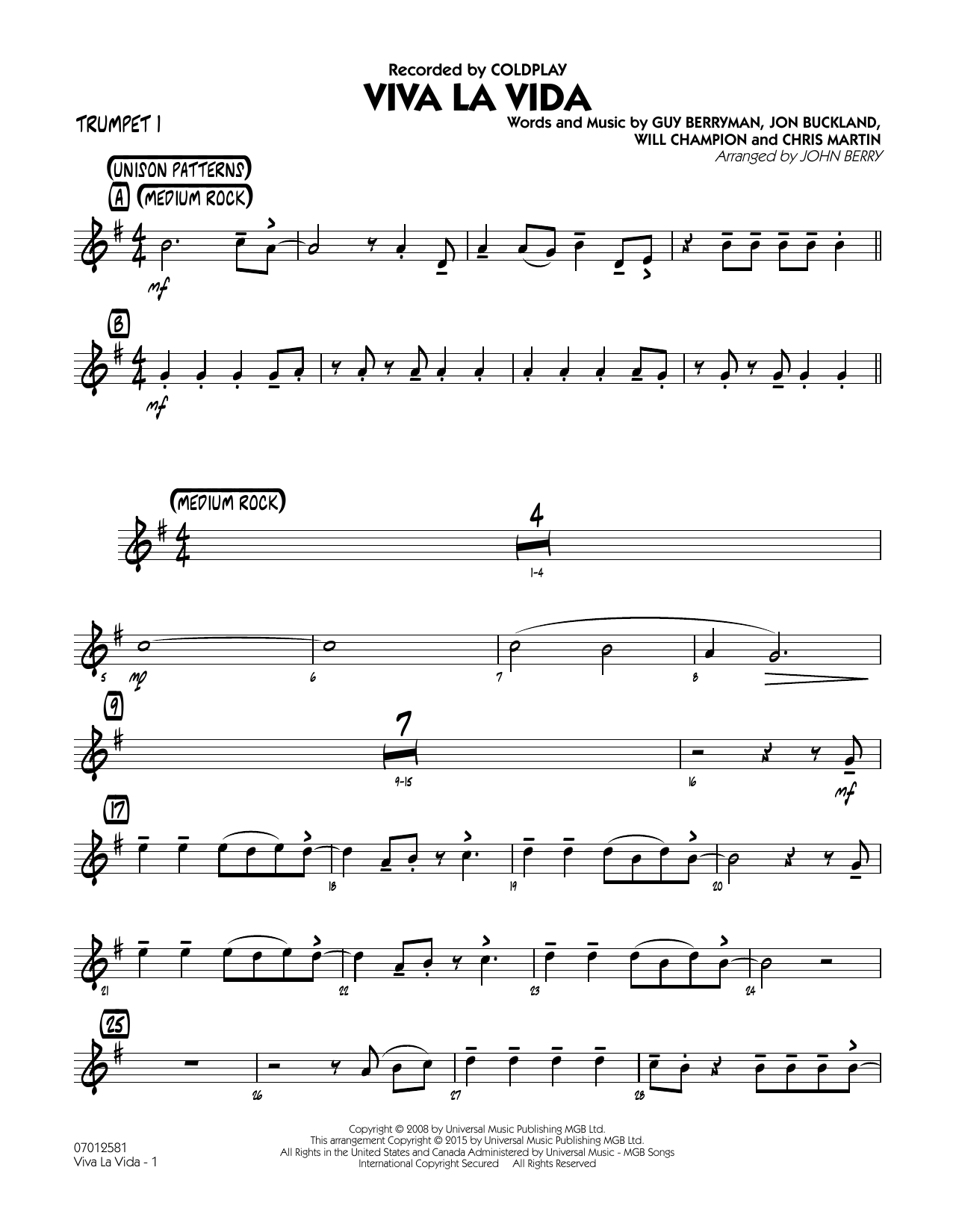 John Berry Viva La Vida - Trumpet 1 sheet music notes and chords. Download Printable PDF.