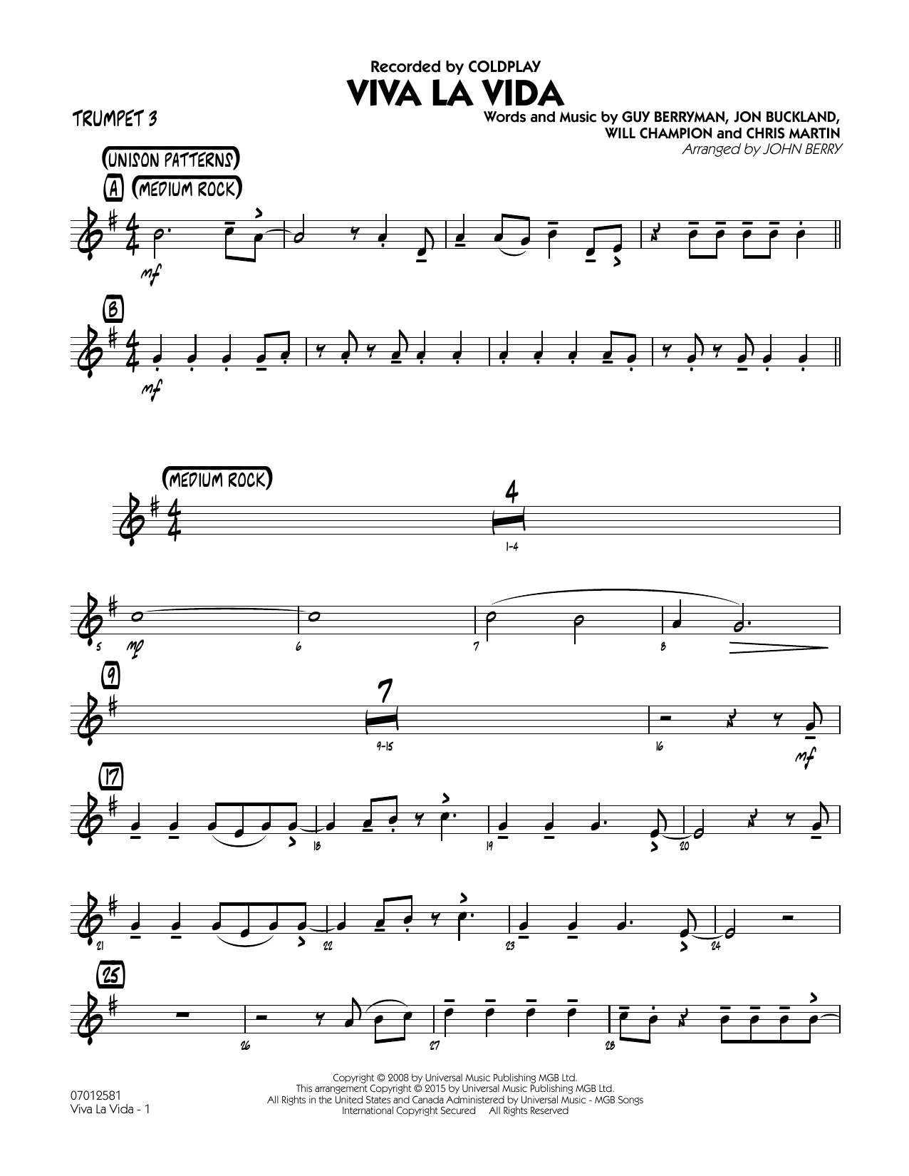 John Berry Viva La Vida - Trumpet 3 sheet music notes and chords. Download Printable PDF.