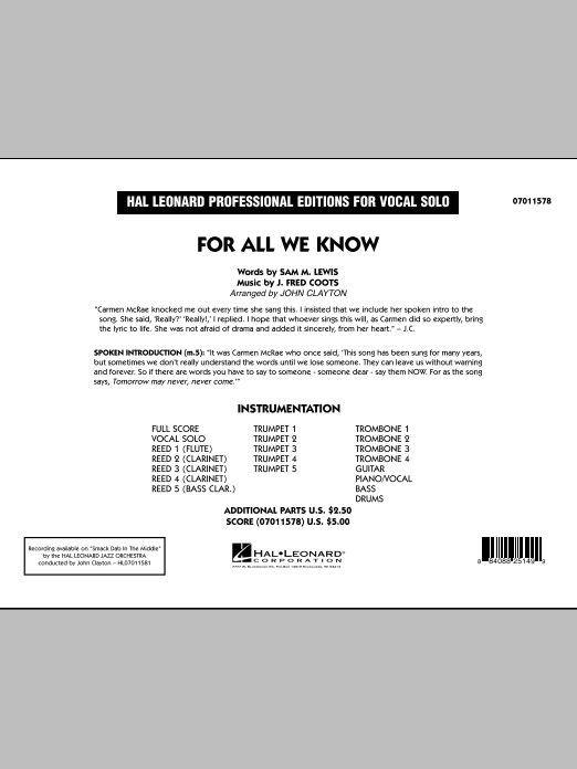 John Clayton For All We Know - Full Score sheet music notes and chords. Download Printable PDF.