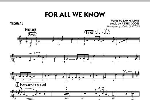 John Clayton For All We Know - Trumpet 1 sheet music notes and chords. Download Printable PDF.