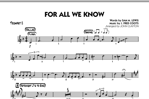John Clayton For All We Know - Trumpet 2 sheet music notes and chords. Download Printable PDF.