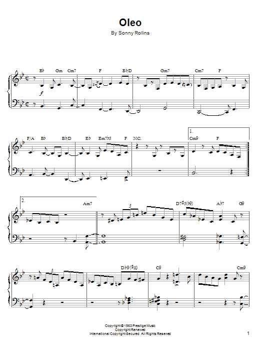 John Coltrane Oleo sheet music notes and chords arranged for Piano, Vocal & Guitar Chords (Right-Hand Melody)
