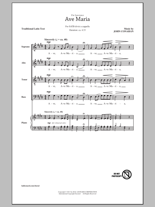 John Conahan Ave Maria sheet music notes and chords arranged for SATB Choir