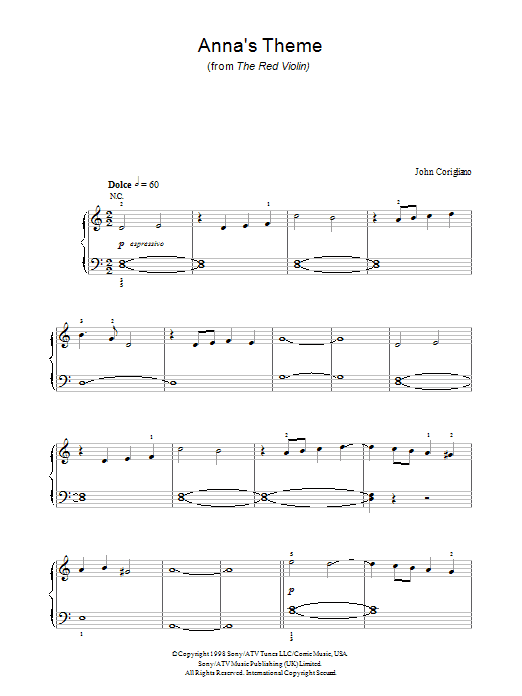 John Corigliano Anna's Theme (from The Red Violin) sheet music notes and chords. Download Printable PDF.