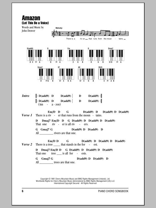 John Denver Amazon (Let This Be A Voice) sheet music notes and chords arranged for Piano Chords/Lyrics