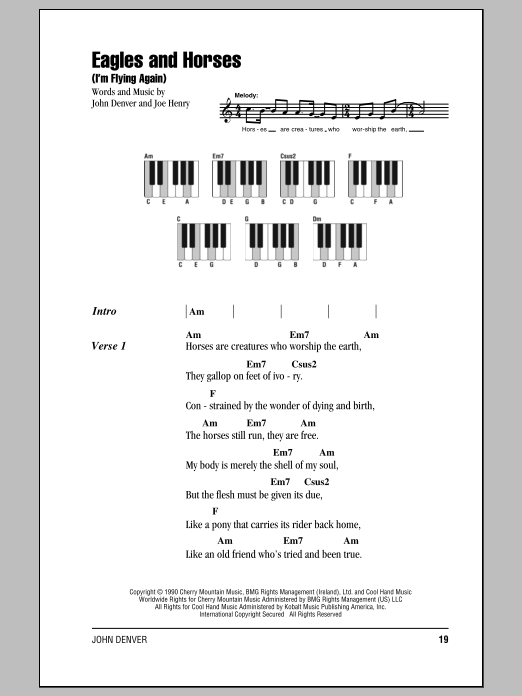 John Denver Eagles And Horses (I'm Flying Again) sheet music notes and chords arranged for Piano Chords/Lyrics