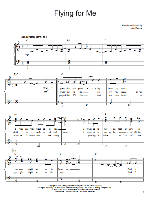 John Denver Flying For Me sheet music notes and chords arranged for Piano Chords/Lyrics
