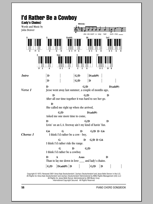 John Denver I'd Rather Be A Cowboy (Lady's Chains) sheet music notes and chords arranged for Piano Chords/Lyrics