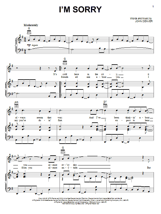 John Denver I'm Sorry sheet music notes and chords arranged for Piano Chords/Lyrics